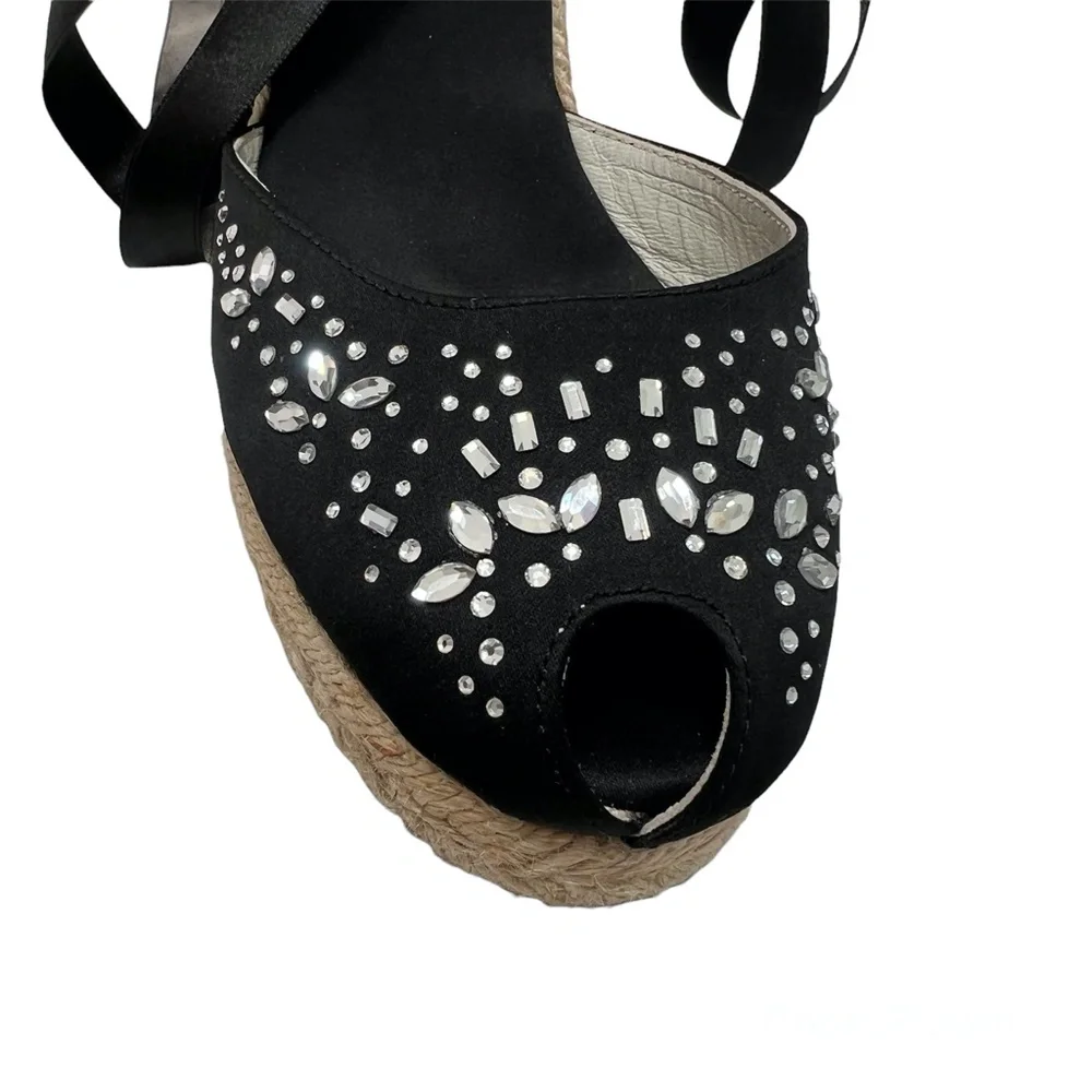 ANNE KLEIN BLACK SATIN WEDGE PEEP TOE ESPADRILLES W SATIN ANKLE WRAP & CRYSTALS